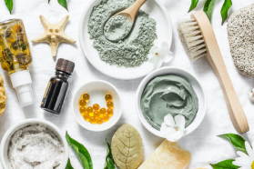 natural cosmetic and toiletry ingredients next to each other on table