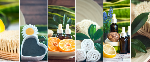 collage of natural cosmetics and herbs